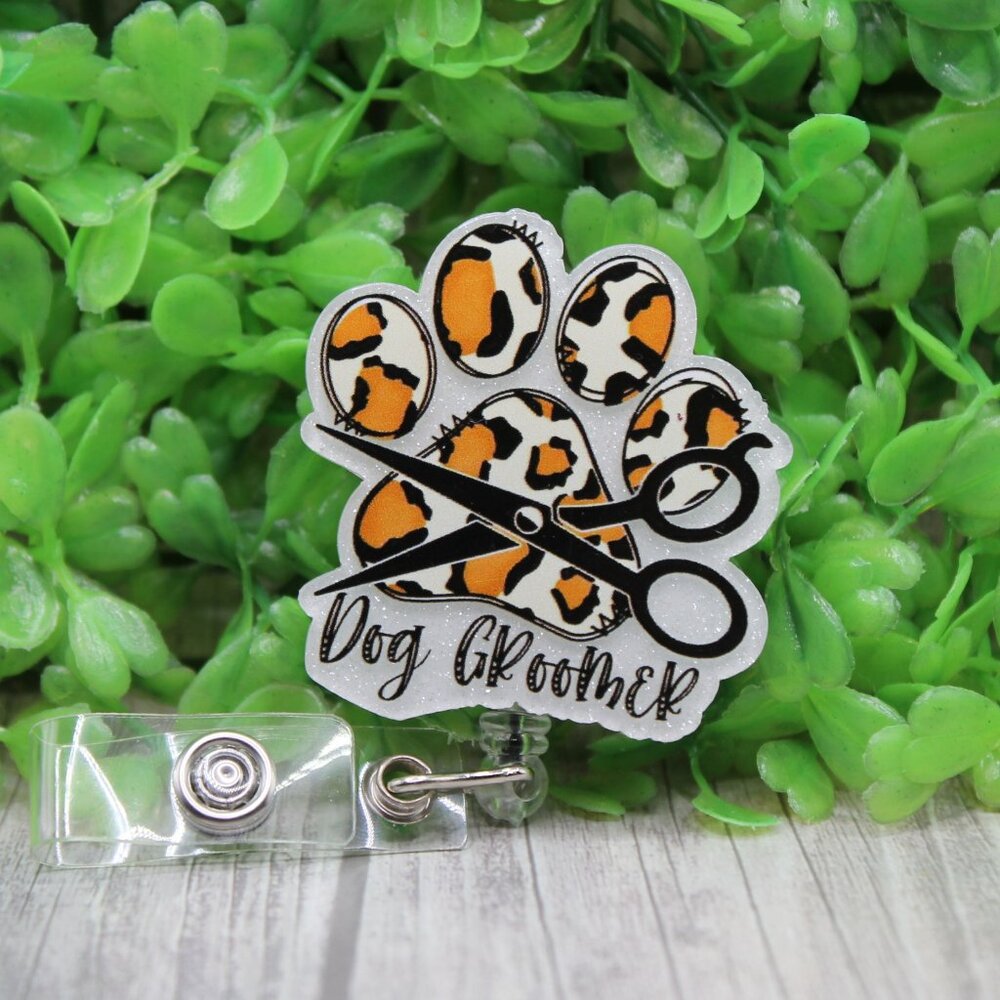 Dog Groomer Leopard Paw Print Badge/ID Holder Reel